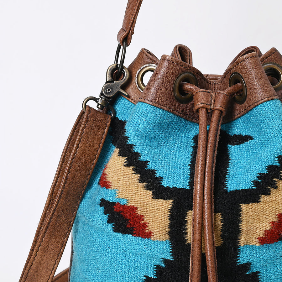 American Darling Western Leather Bucket Bag with Hand-Woven Saddle Blanket, Drawstring Closure, Tassel Detail, Adjustable Strap & Premium Craftsmanship
