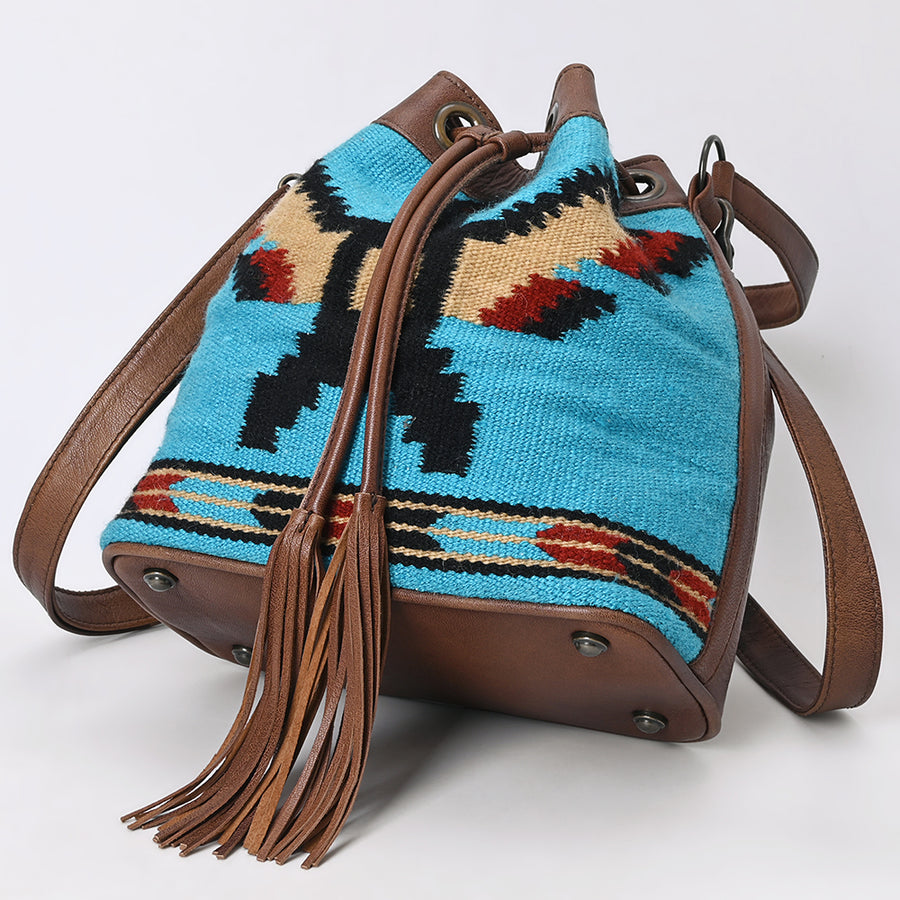 American Darling Western Leather Bucket Bag with Hand-Woven Saddle Blanket, Drawstring Closure, Tassel Detail, Adjustable Strap & Premium Craftsmanship