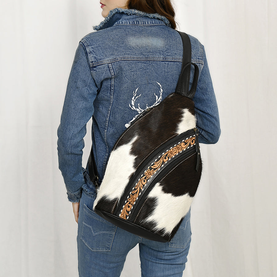 American Darling Western Leather Sling Bag with Hair-On Cowhide, Hand-Tooled Leather Accents, Adjustable Strap, Spacious Interior & Premium Craftsmanship