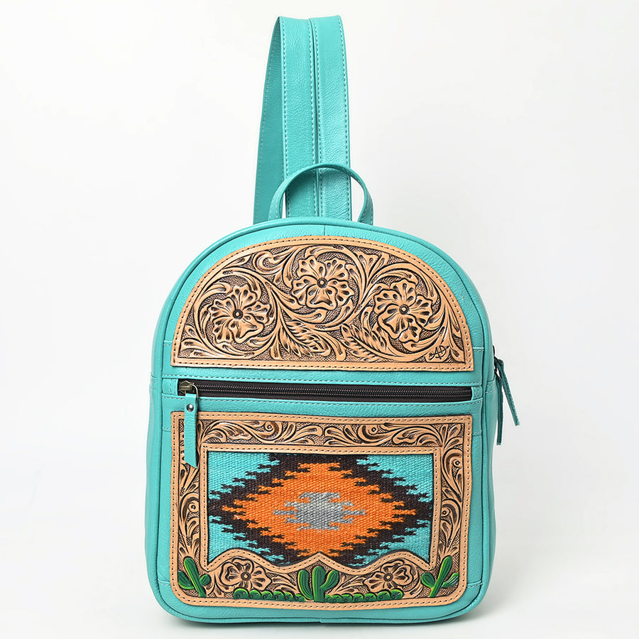 American Darling Western Leather Backpack Bag with Hand-Tooled Floral Details, Woven Saddle Blanket Front, Adjustable Strap, Spacious Interior & Premium Craftsmanship