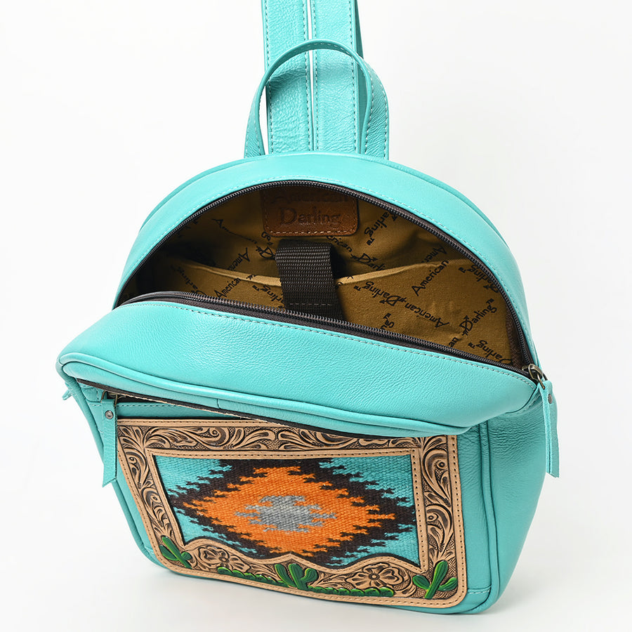 American Darling Western Leather Backpack Bag with Hand-Tooled Floral Details, Woven Saddle Blanket Front, Adjustable Strap, Spacious Interior & Premium Craftsmanship
