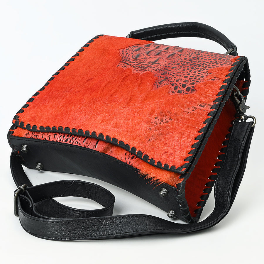 American Darling Western Leather Messenger Bag with Hair-On Cowhide, Crocodile-Embossed Leather Detail, Adjustable Strap, Structured Body & Premium Craftsmanship