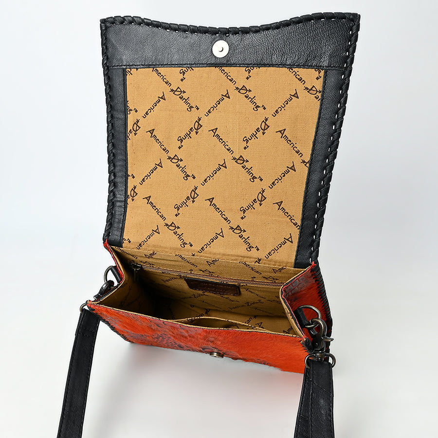 American Darling Western Leather Messenger Bag with Hair-On Cowhide, Crocodile-Embossed Leather Detail, Adjustable Strap, Structured Body & Premium Craftsmanship