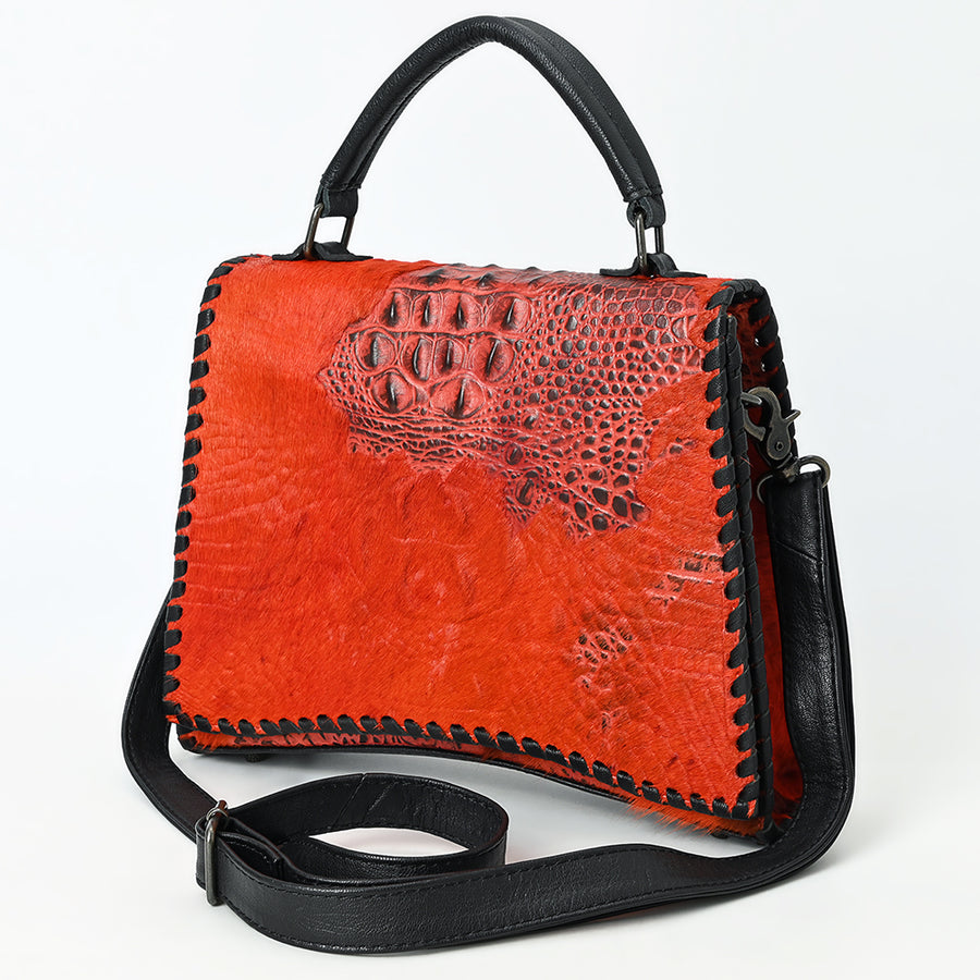 American Darling Western Leather Messenger Bag with Hair-On Cowhide and Crocodile-Embossed Detailing - Uhorse