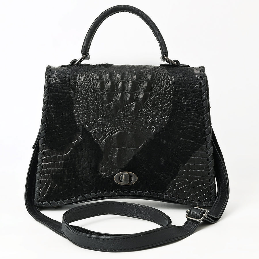 American Darling Western Leather Messenger Bag with Hair-On Cowhide, Crocodile-Embossed Leather Detail, Adjustable Strap, Structured Body & Premium Craftsmanship