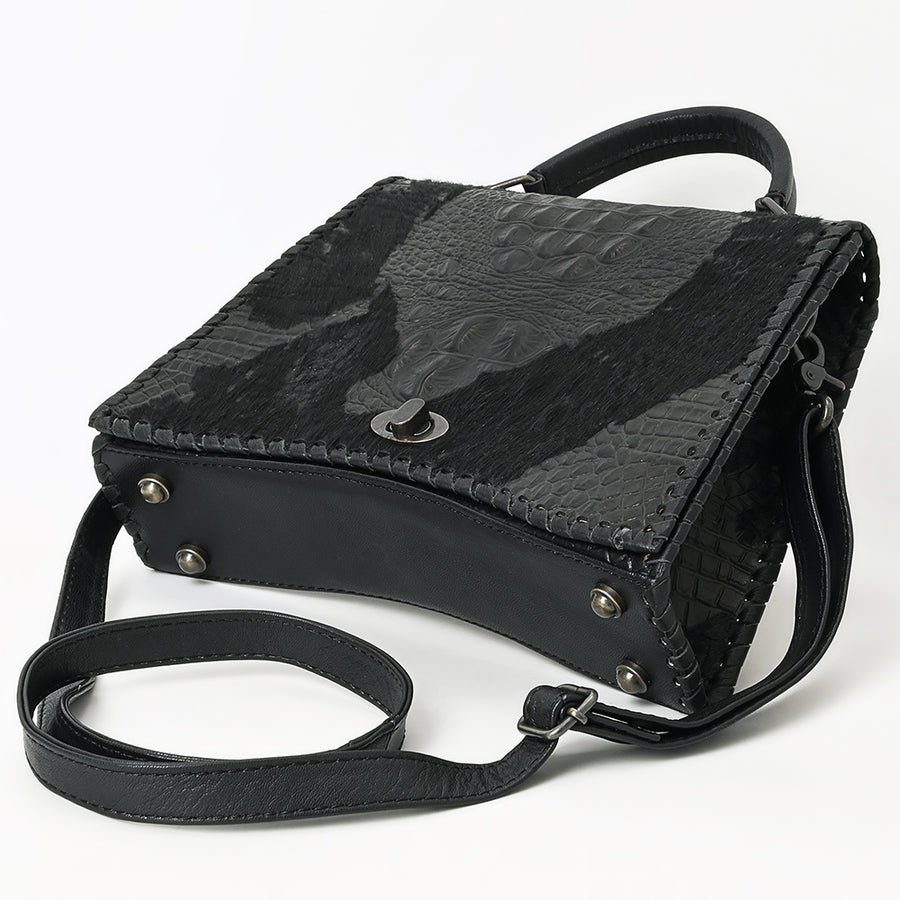 American Darling Western Leather Messenger Bag with Hair-On Cowhide, Crocodile-Embossed Leather Detail, Adjustable Strap, Structured Body & Premium Craftsmanship