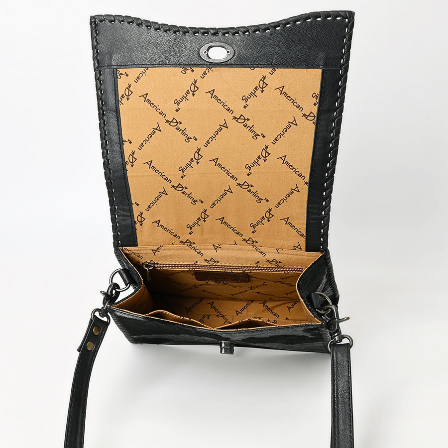 American Darling Western Leather Messenger Bag with Hair-On Cowhide, Crocodile-Embossed Leather Detail, Adjustable Strap, Structured Body & Premium Craftsmanship