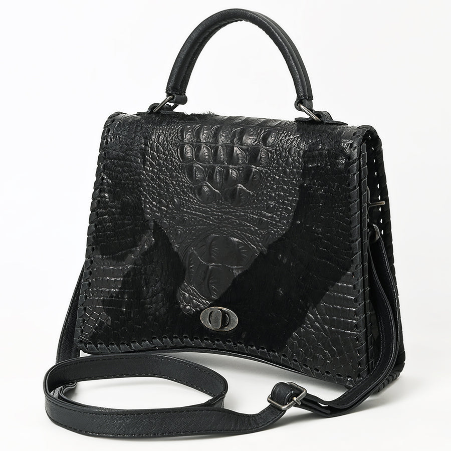 American Darling Western Leather Messenger Bag with Hair-On Cowhide and Crocodile-Embossed Detailing - Uhorse