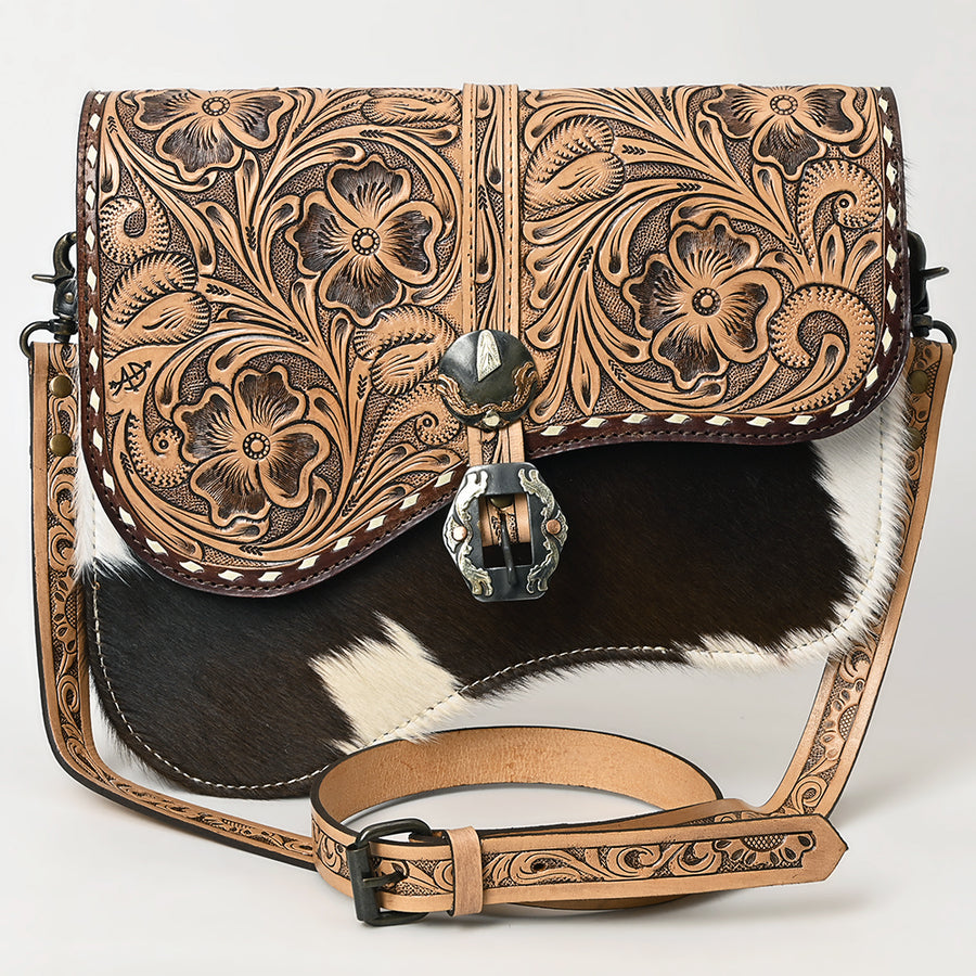 American Darling Western Leather Crossbody Bag with Hand-Tooled Floral Detailing, Hair-On Accents & Premium Genuine Leather