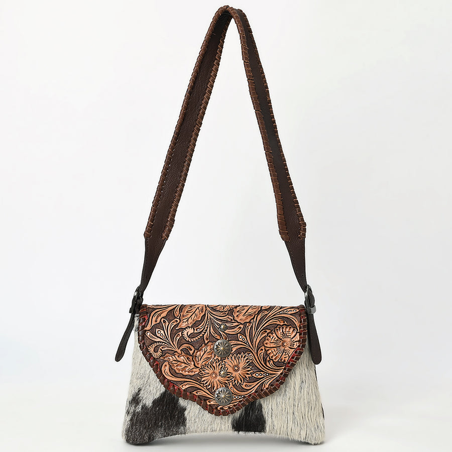 American Darling Hand Tooled Floral Carved Hair-On Cowhide Small Cross body Bag Braided Genuine Leather Western Purse