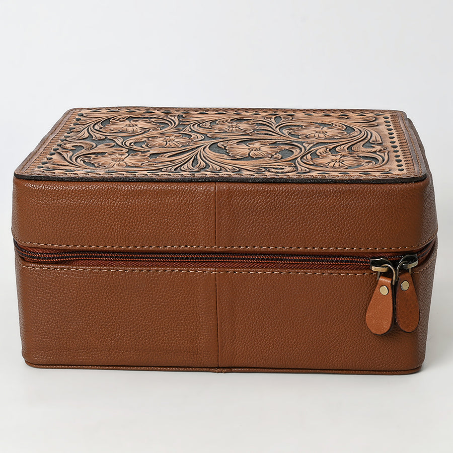 American Darling Women's Hand Tooled Floral Carved Genuine Leather Jewelry Case Eco-Friendly Travel Organizer YKK Zipper