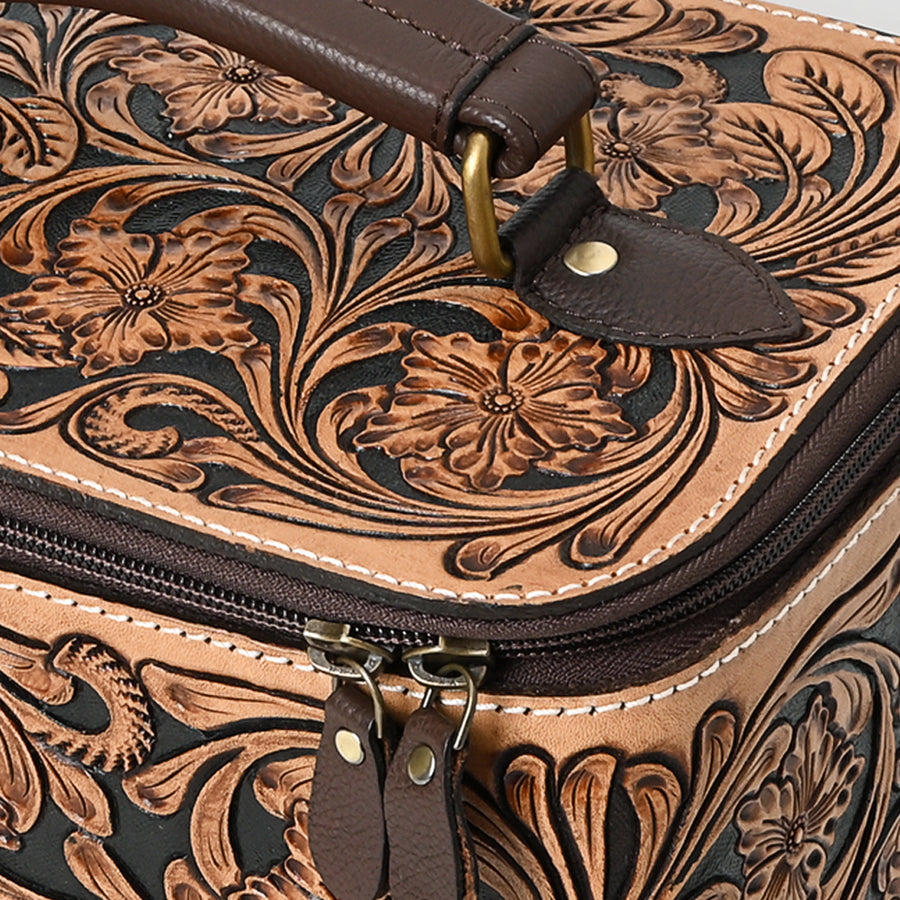 American Darling Women's Hand Tooled Floral Carved Genuine Leather Jewelry case Eco-Friendly Travel Organizer YKK Zipper