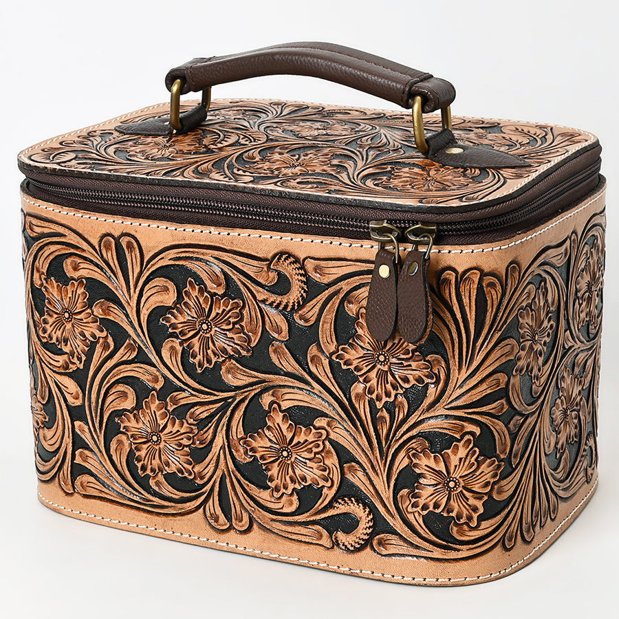 American Darling Women's Hand Tooled Floral Carved Genuine Leather Jewelry case Eco-Friendly Travel Organizer YKK Zipper
