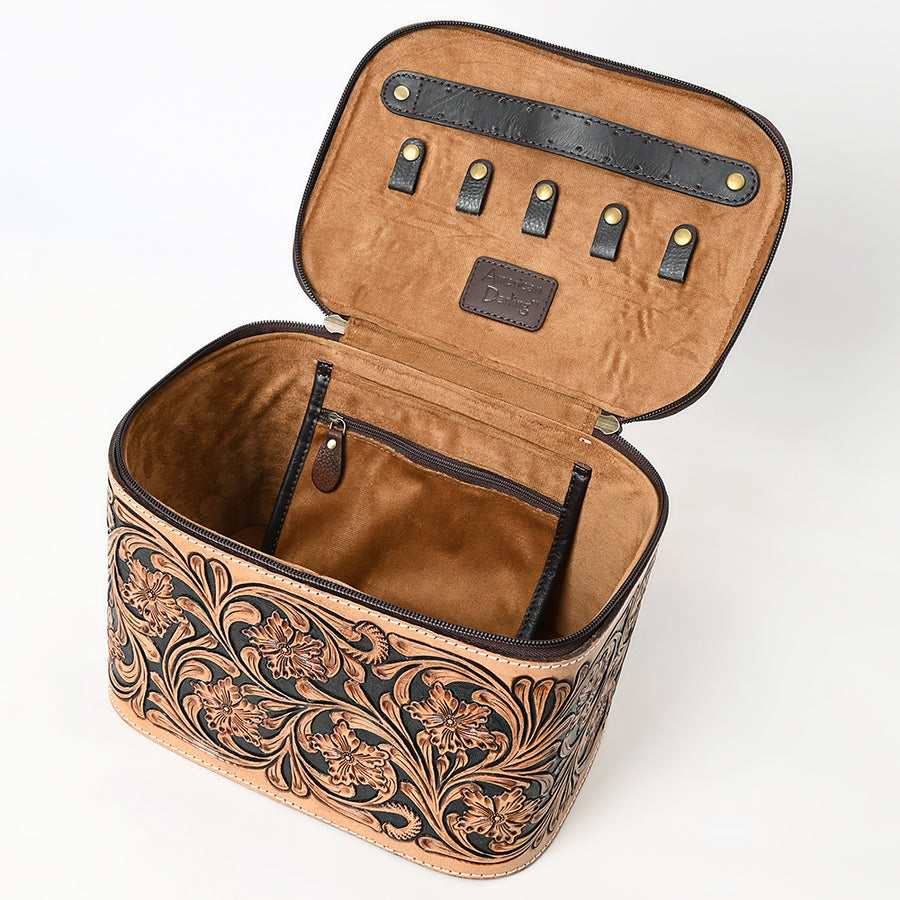 American Darling Women's Hand Tooled Floral Carved Genuine Leather Jewelry case Eco-Friendly Travel Organizer YKK Zipper
