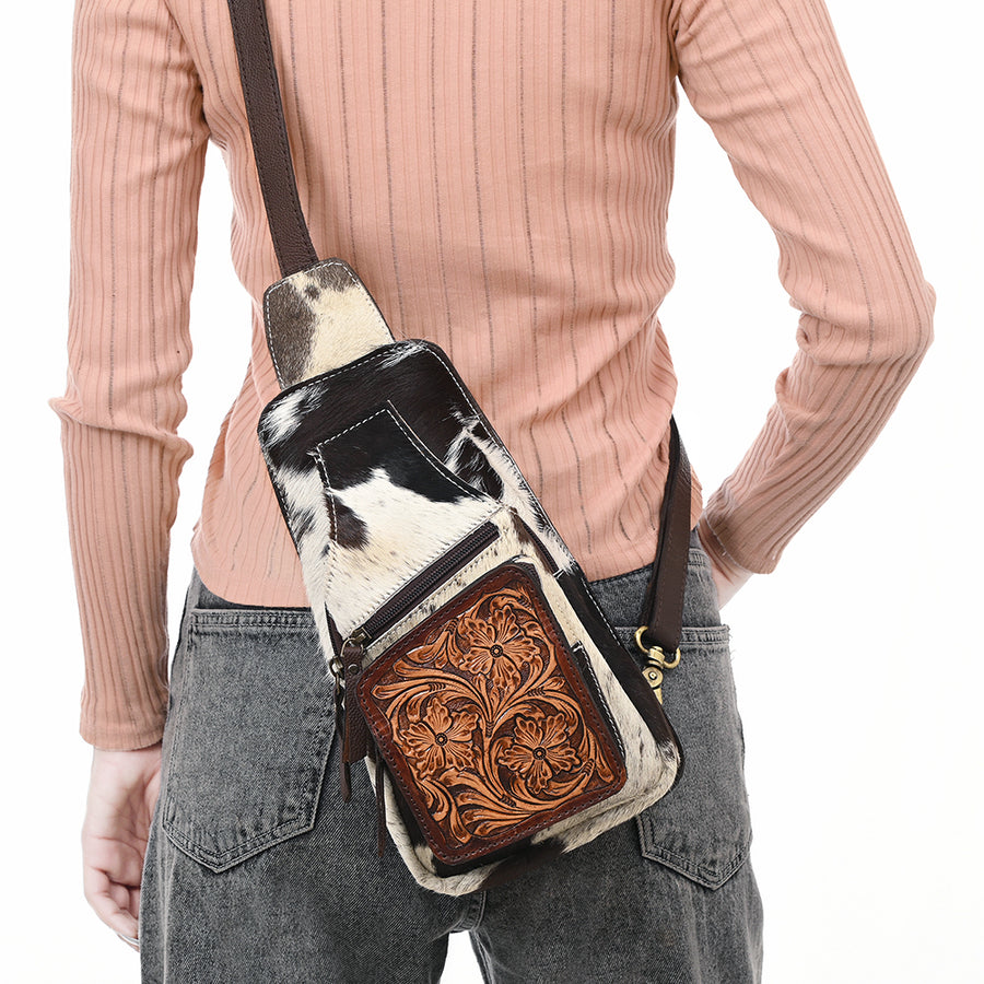 American Darling Women's Hand Tooled Floral Carved Hair-On Cowhide Genuine Leather Sling Bag Western Eco-Friendly Purse