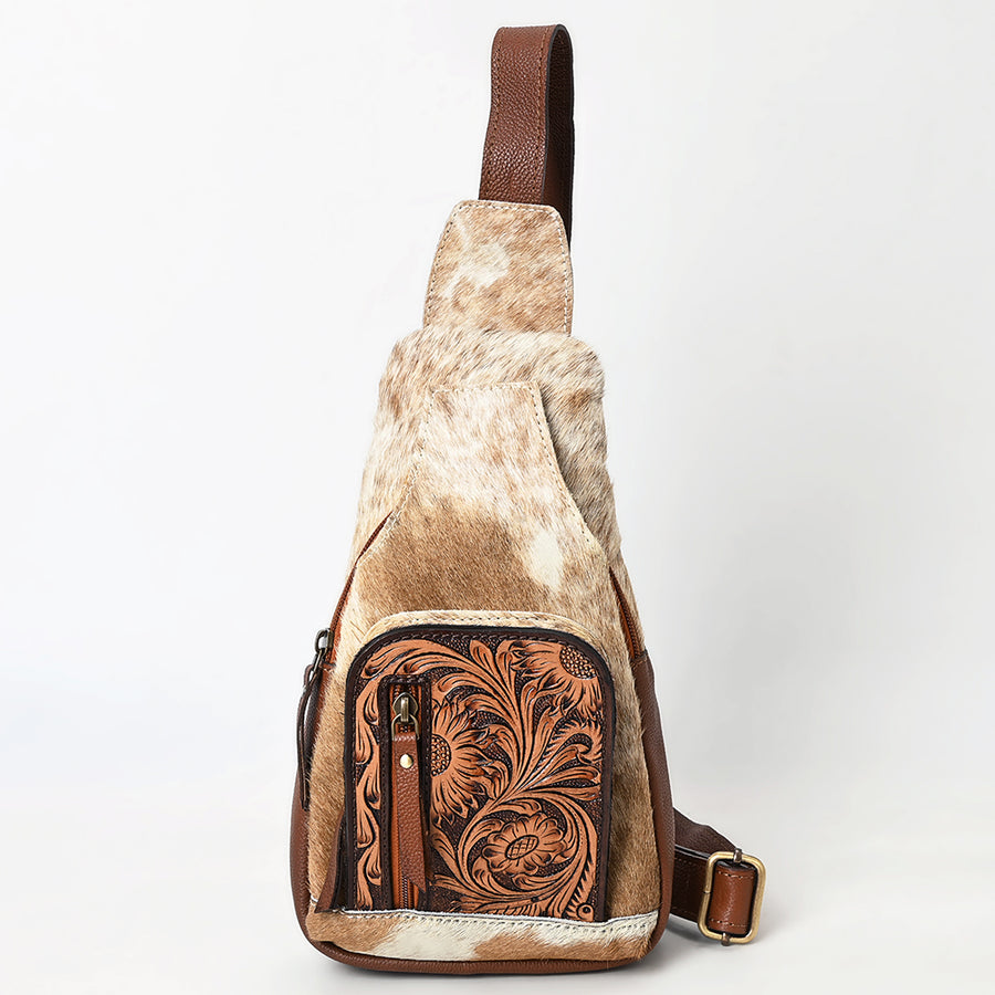 American Darling Women's Hand Tooled Floral Carved Hair-On Cowhide Genuine Leather Sling Bag Eco-Friendly Crossbody