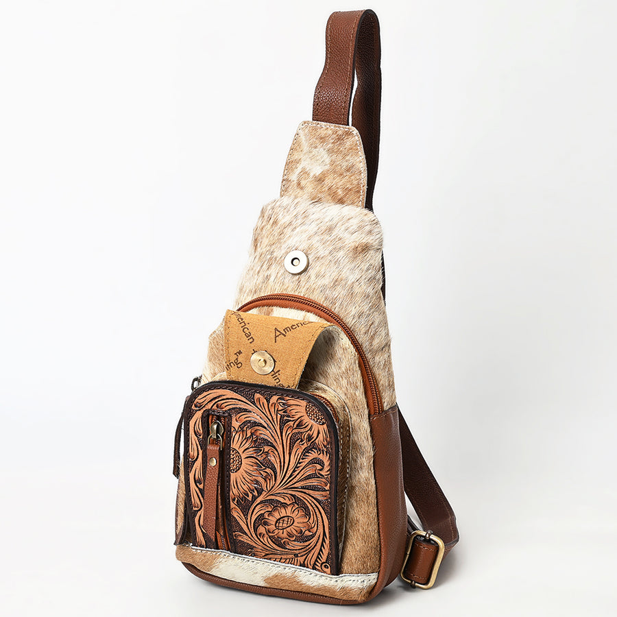 American Darling Women's Hand Tooled Floral Carved Hair-On Cowhide Genuine Leather Sling Bag Eco-Friendly Crossbody