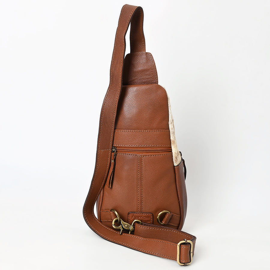 American Darling Women's Hand Tooled Floral Carved Hair-On Cowhide Genuine Leather Sling Bag Eco-Friendly Crossbody