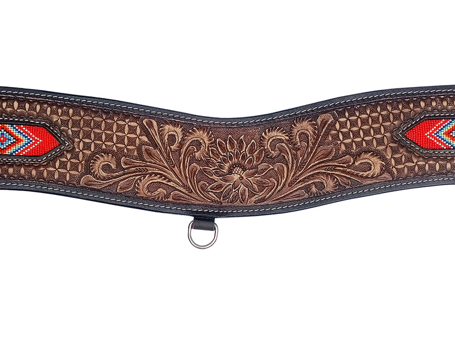 COMFYTACK Western Leather Horse Tripping Breast Collar Brown Floral Carved Beaded Inlay