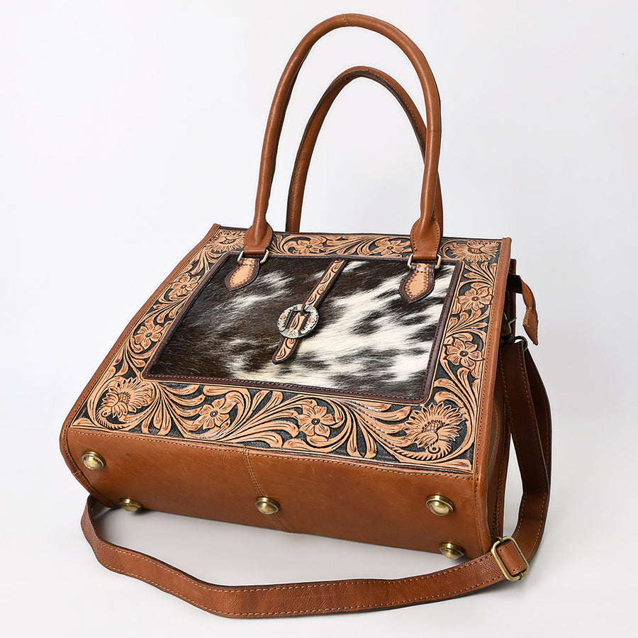 American Darling Women's Hand Tooled Floral Carved Hair-On Cowhide Genuine Leather Tote Bag Eco-Friendly YKK Zipper