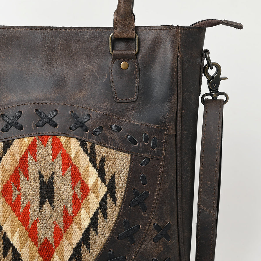 American Darling Premium Western Leather Tote Bag for Women, Hand Woven Saddle Blanket Detail, Vegetable-Tanned Leather