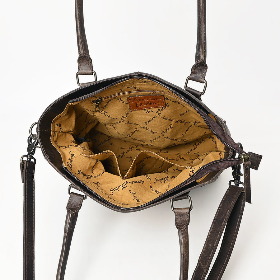 American Darling Premium Western Leather Tote Bag for Women, Hand Woven Saddle Blanket Detail, Vegetable-Tanned Leather