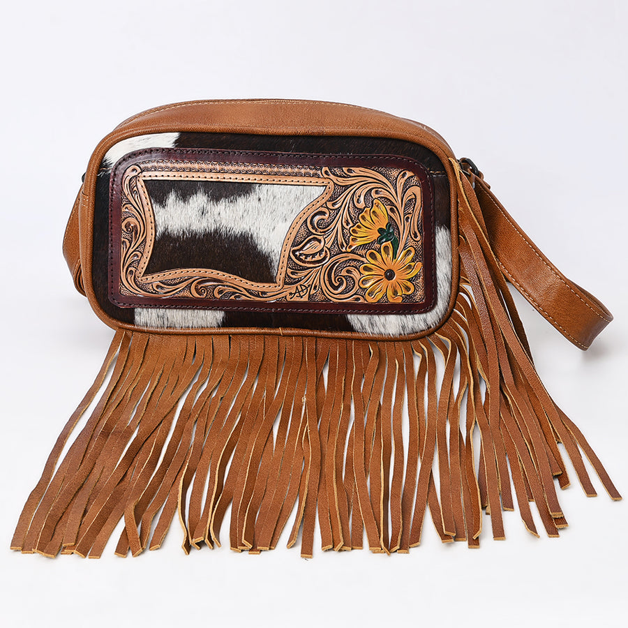 American Darling Western Leather Fanny Pack Bag for Women, Hair-On Cowhide, Hand Tooled Floral, Long Fringes, Adjustable Strap