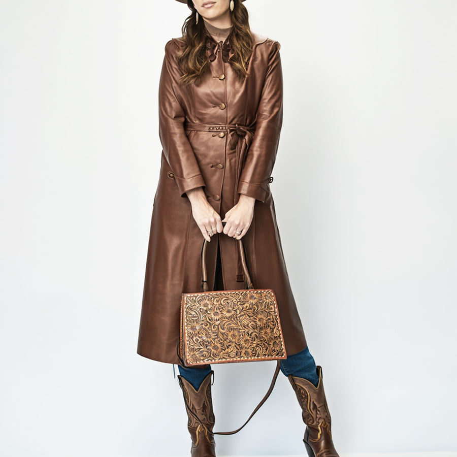 American Darling Women's Tooled Leather Tote Bag, Genuine Full-Grain Leather, Floral Carving, Buck Stitching