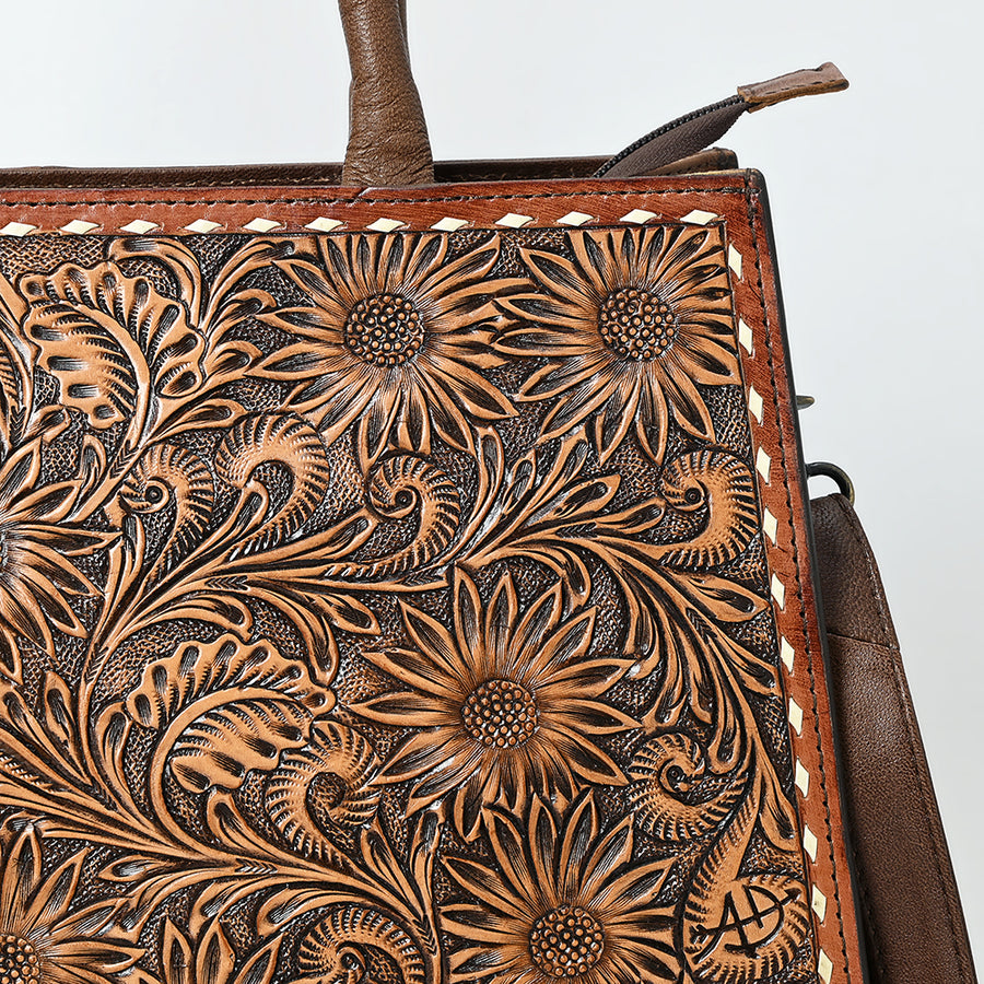 American Darling Women's Tooled Leather Tote Bag, Genuine Full-Grain Leather, Floral Carving, Buck Stitching
