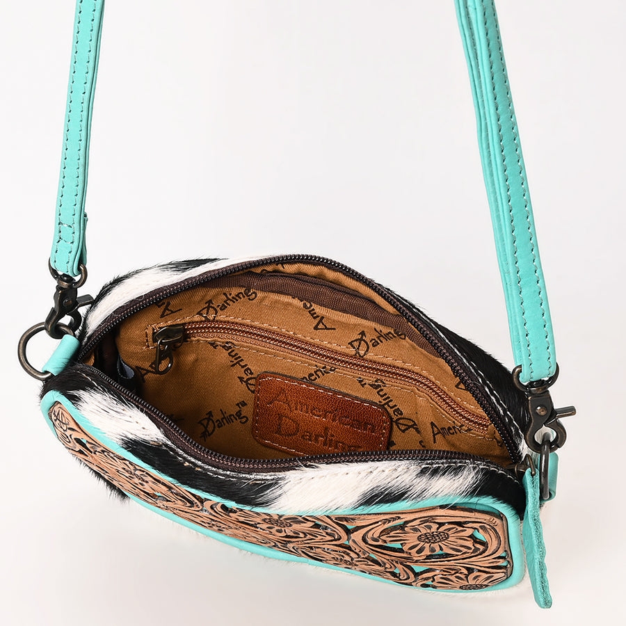 American Darling Women's Small Crossbody Bag, Hair-On Cowhide, Hand-Tooled Floral Leather, Vegetable-Tanned Leather