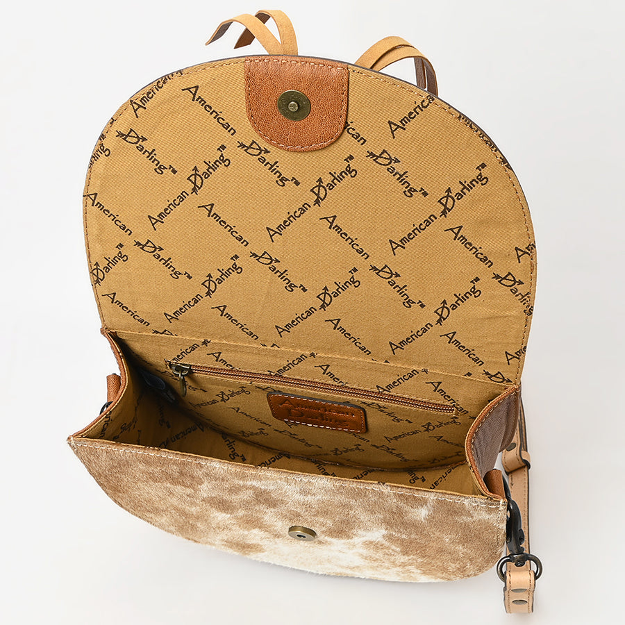 American Darling Small Crossbody Bag – Genuine Leather, Hair-On Cowhide, Hand-Tooled Floral Design, Tassels, Buck-Stitched Finish