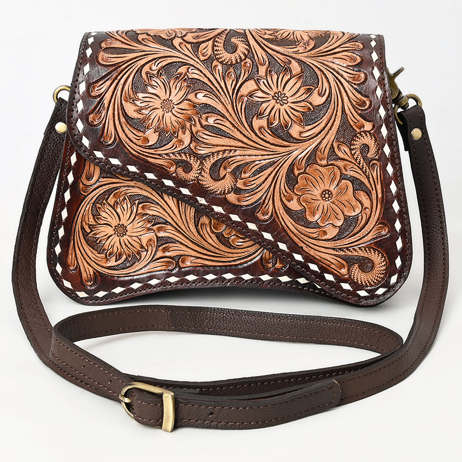 American Darling Women's Hand Tooled Floral Carved Genuine Leather Cross body Bag Buck Stitched Eco-Friendly Purse
