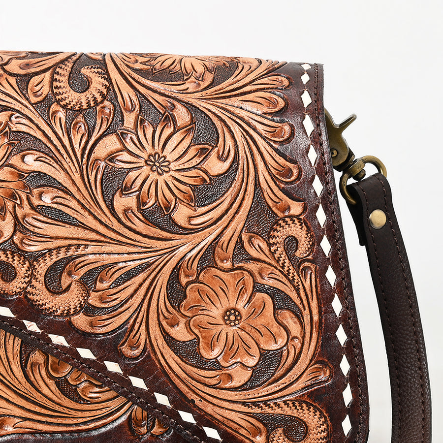 American Darling Women's Hand Tooled Floral Carved Genuine Leather Cross body Bag Buck Stitched Eco-Friendly Purse