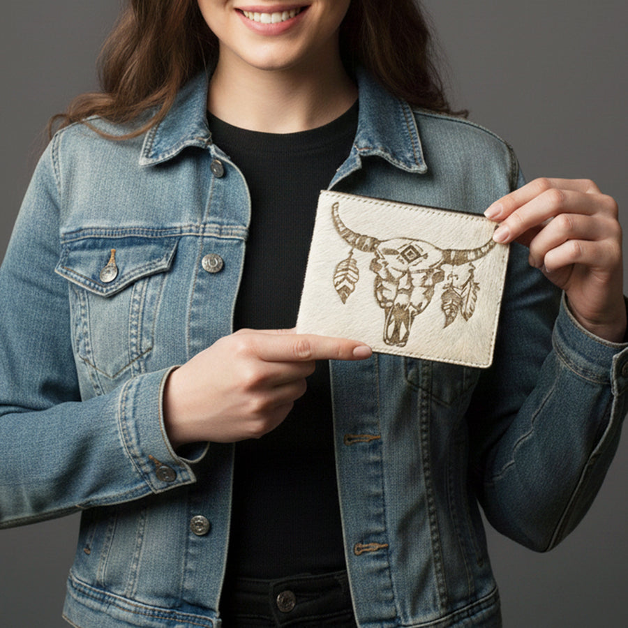 American Darling Wallet Western Hair-On Cowhide Genuine Leather Handcrafted Pocket Bifold Wallet with ID Window