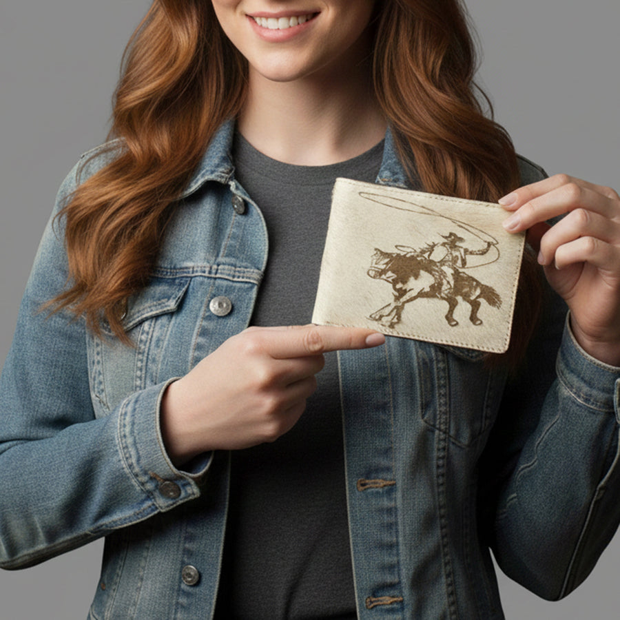 American Darling Wallet Western Hair-On Cowhide Genuine Leather Handcrafted Pocket Bifold Wallet with ID Window