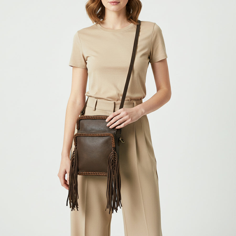 American Darling Cross body Bag Western Genuine Leather Handcrafted Purse with Fringes, Braided Trim and YKK Zipper