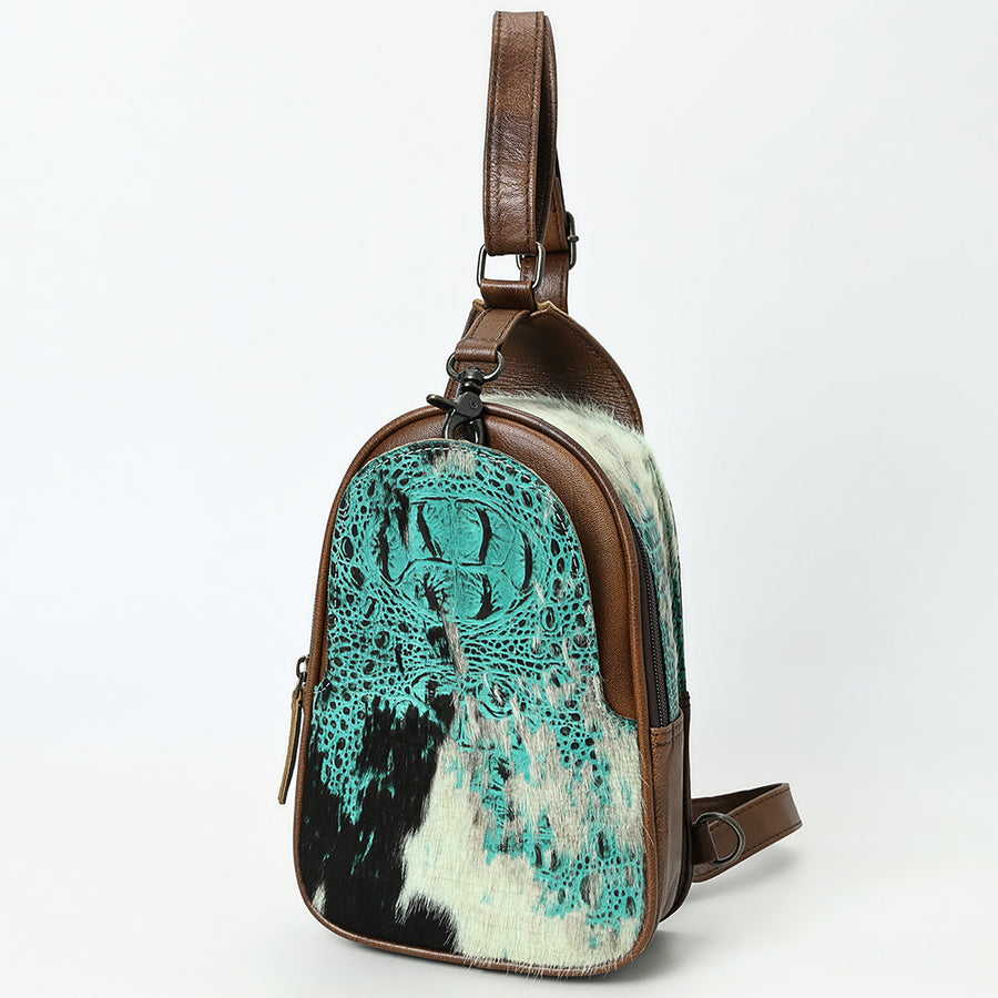 American Darling Western Leather Sling Bag with Crocodile Embossed Detailing - Genuine Hair-on cowhide Leather - Uhorse