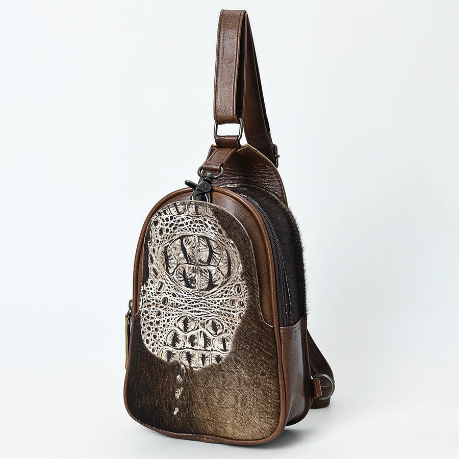 American Darling Western Leather Sling Bag with Crocodile Embossed Detailing - Genuine Hair-on cowhide Leather - Uhorse