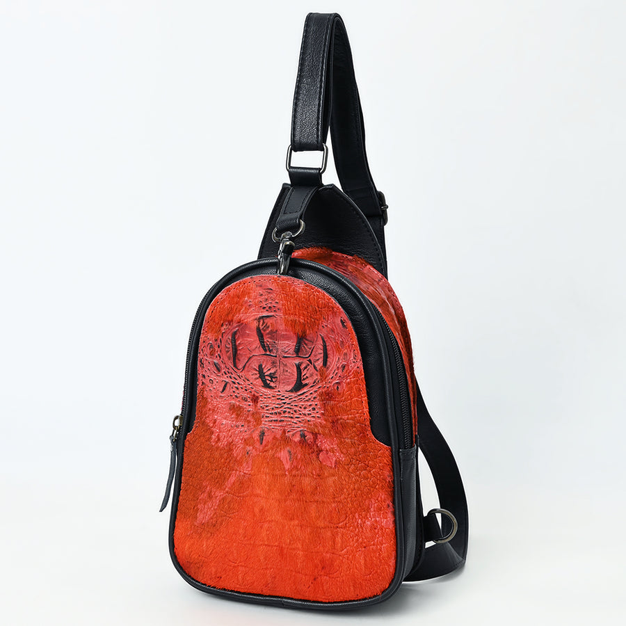 American Darling Western Leather Sling Bag with Crocodile Embossed Detailing - Genuine Hair-on cowhide Leather - Uhorse