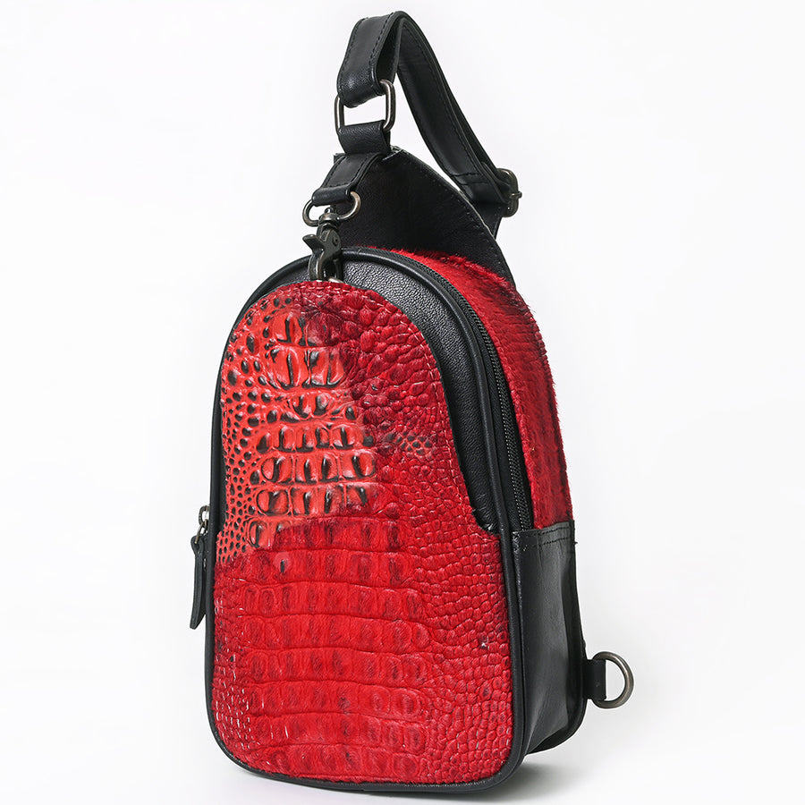 American Darling Western Leather Sling Bag with Crocodile Embossed Detailing - Genuine Hair-on cowhide Leather - Uhorse
