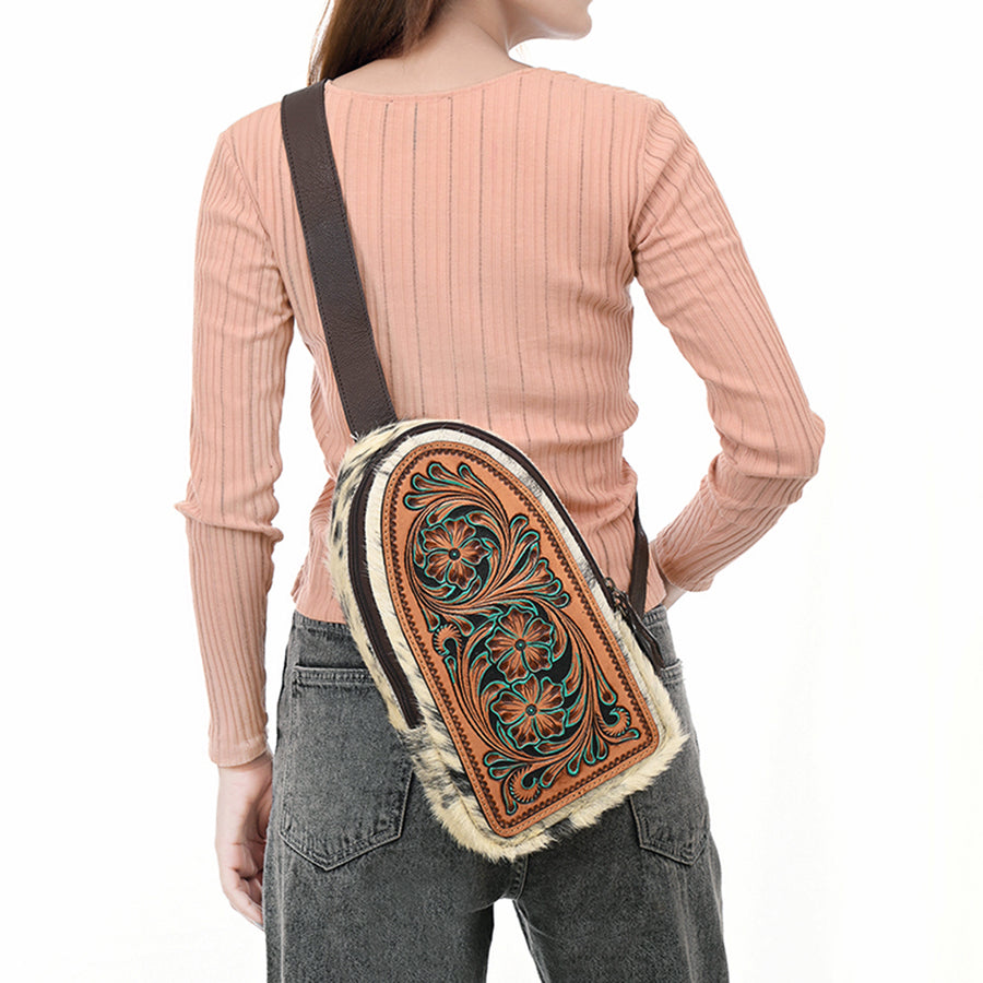 American Darling Sling Bag - Hair-On Cowhide, Hand Tooled Floral Carved, Eco-Friendly Vegetable Tanned Genuine Leather