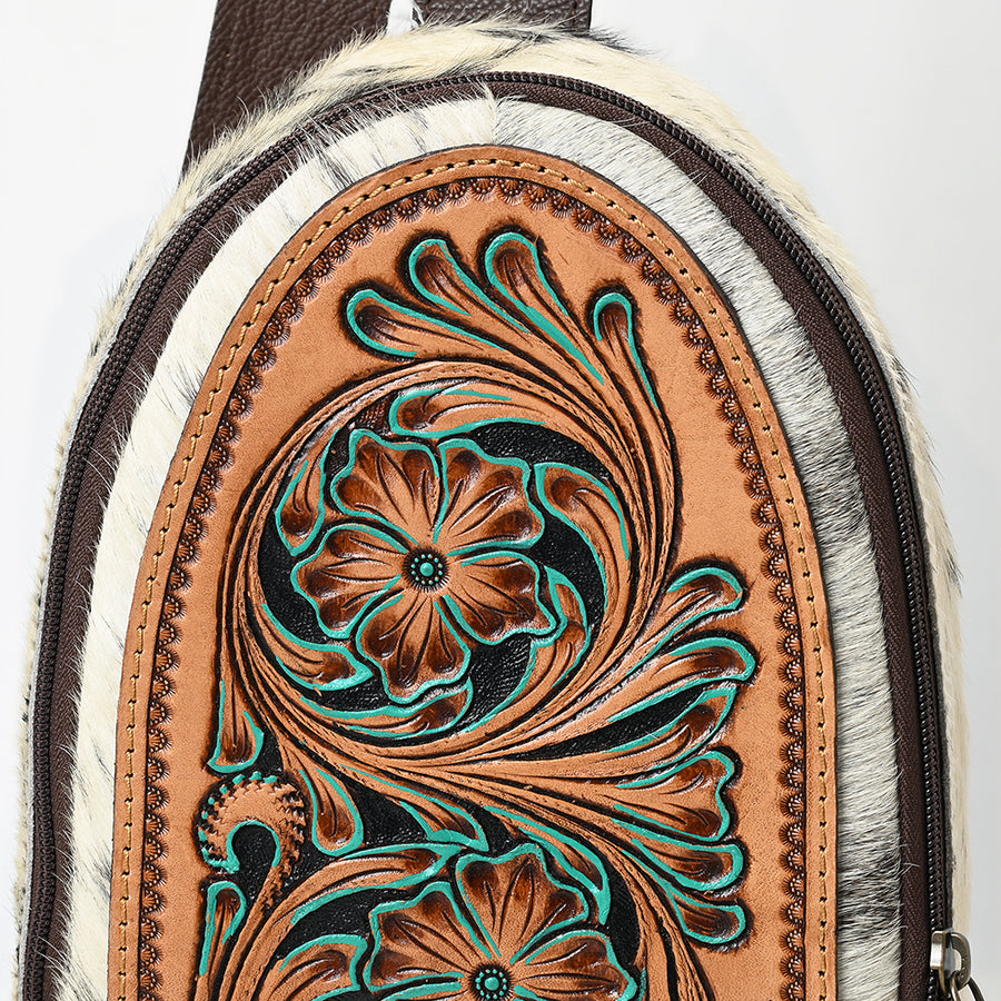 American Darling Sling Bag - Hair-On Cowhide, Hand Tooled Floral Carved, Eco-Friendly Vegetable Tanned Genuine Leather