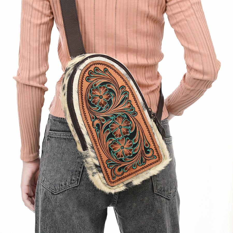 American Darling Sling Bag - Hair-On Cowhide, Hand Tooled Floral Carved, Eco-Friendly Vegetable Tanned Genuine Leather