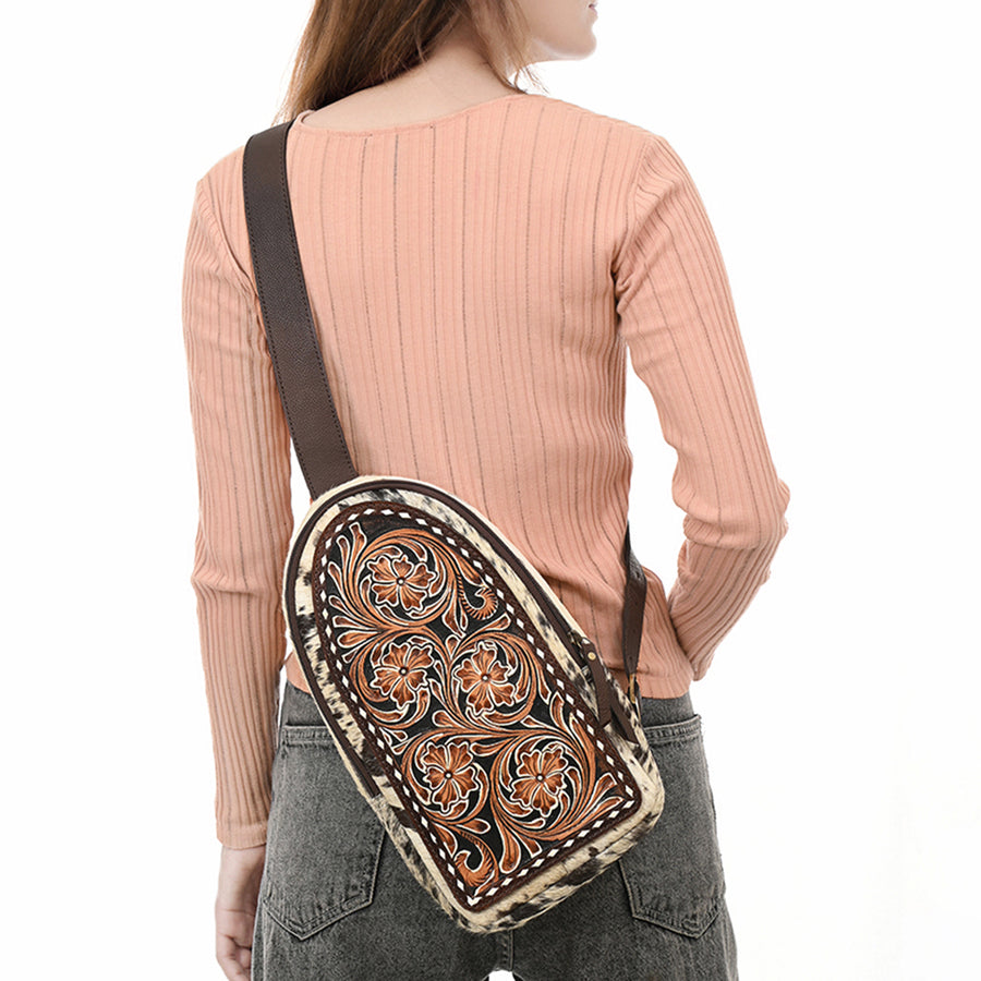 American Darling Sling Bag - Hair-On Cowhide, Hand Tooled Floral Carved, Eco-Friendly Vegetable Tanned Genuine Leather