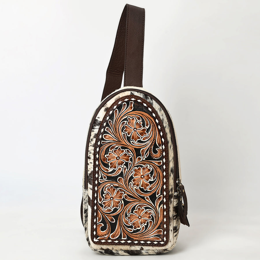 American Darling Sling Bag - Hair-On Cowhide, Hand Tooled Floral Carved, Eco-Friendly Vegetable Tanned Genuine Leather