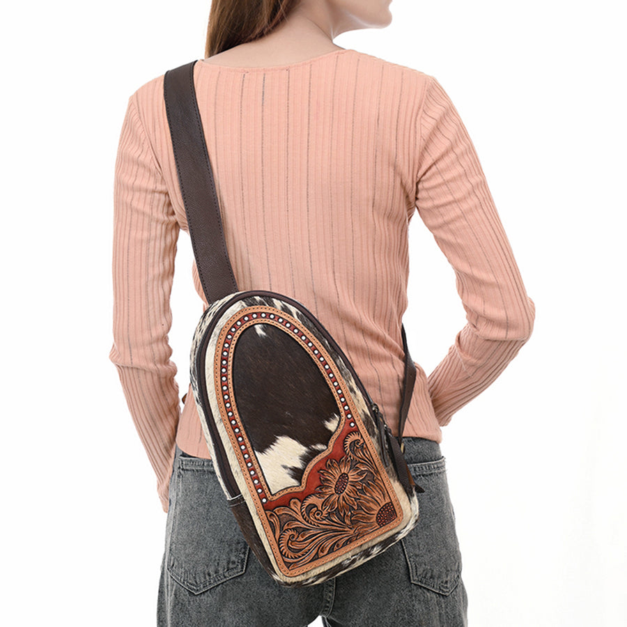 American Darling Sling Bag - Hair-On Cowhide, Hand Tooled Floral Carved, Eco-Friendly Vegetable Tanned Genuine Leather