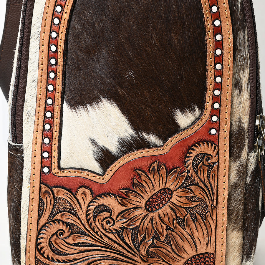 American Darling Sling Bag - Hair-On Cowhide, Hand Tooled Floral Carved, Eco-Friendly Vegetable Tanned Genuine Leather