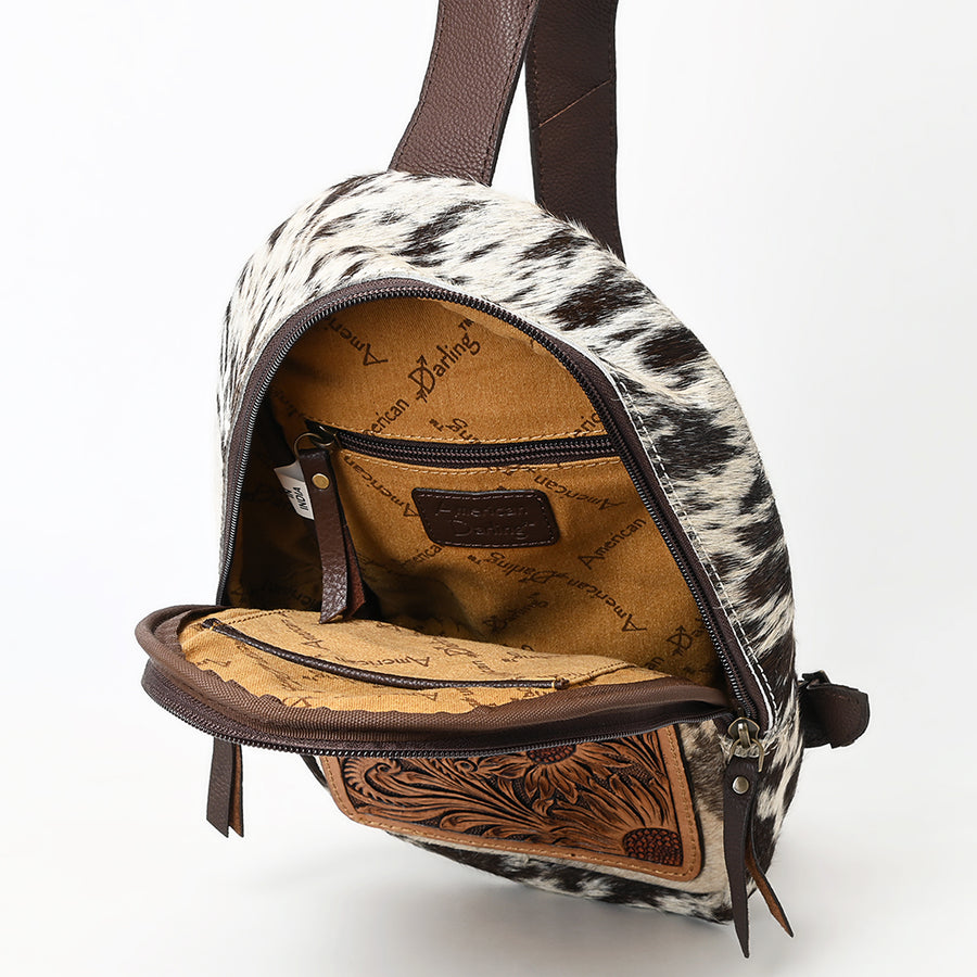 American Darling Sling Bag - Hair-On Cowhide, Hand Tooled Floral Carved, Eco-Friendly Vegetable Tanned Genuine Leather