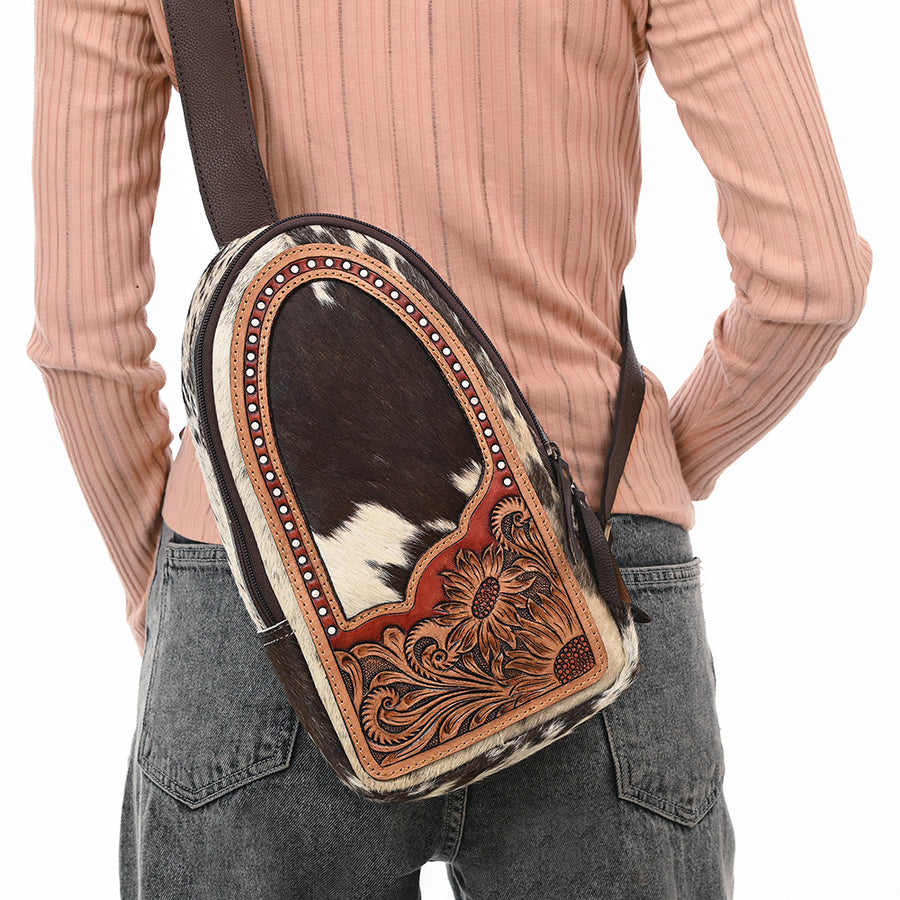 American Darling Sling Bag - Hair-On Cowhide, Hand Tooled Floral Carved, Eco-Friendly Vegetable Tanned Genuine Leather