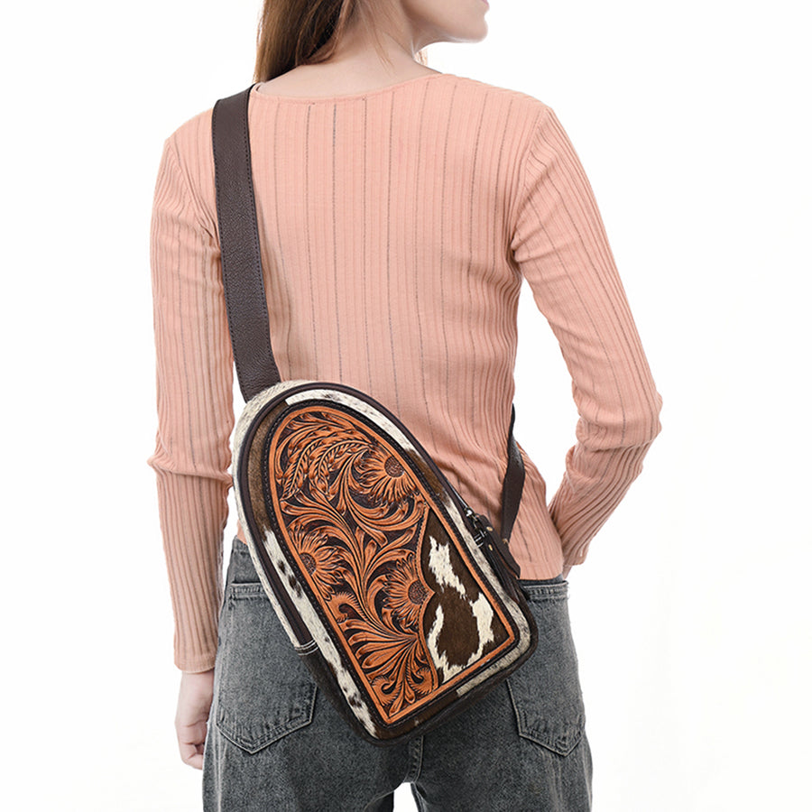 American Darling Sling Bag - Hand Tooled Floral Carved, Hair-On Cowhide, Eco-Friendly Vegetable Tanned Genuine Leather